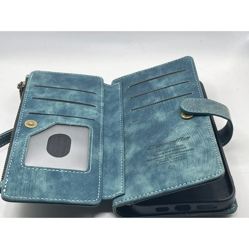 CaseMe Blue Vintage Leather Wallet Phone Case Zipper Card Holder Wristlet Strap